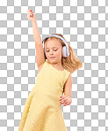 Music headphones, dance and girl kids in studio, pink background or color backdrop for happiness. Happy children, dancing and listening to radio, audio and sound with energy, fun songs and freedom 