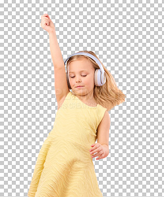 Music headphones, dance and girl kids in studio, pink background or color backdrop for happiness. Happy children, dancing and listening to radio, audio and sound with energy, fun songs and freedom