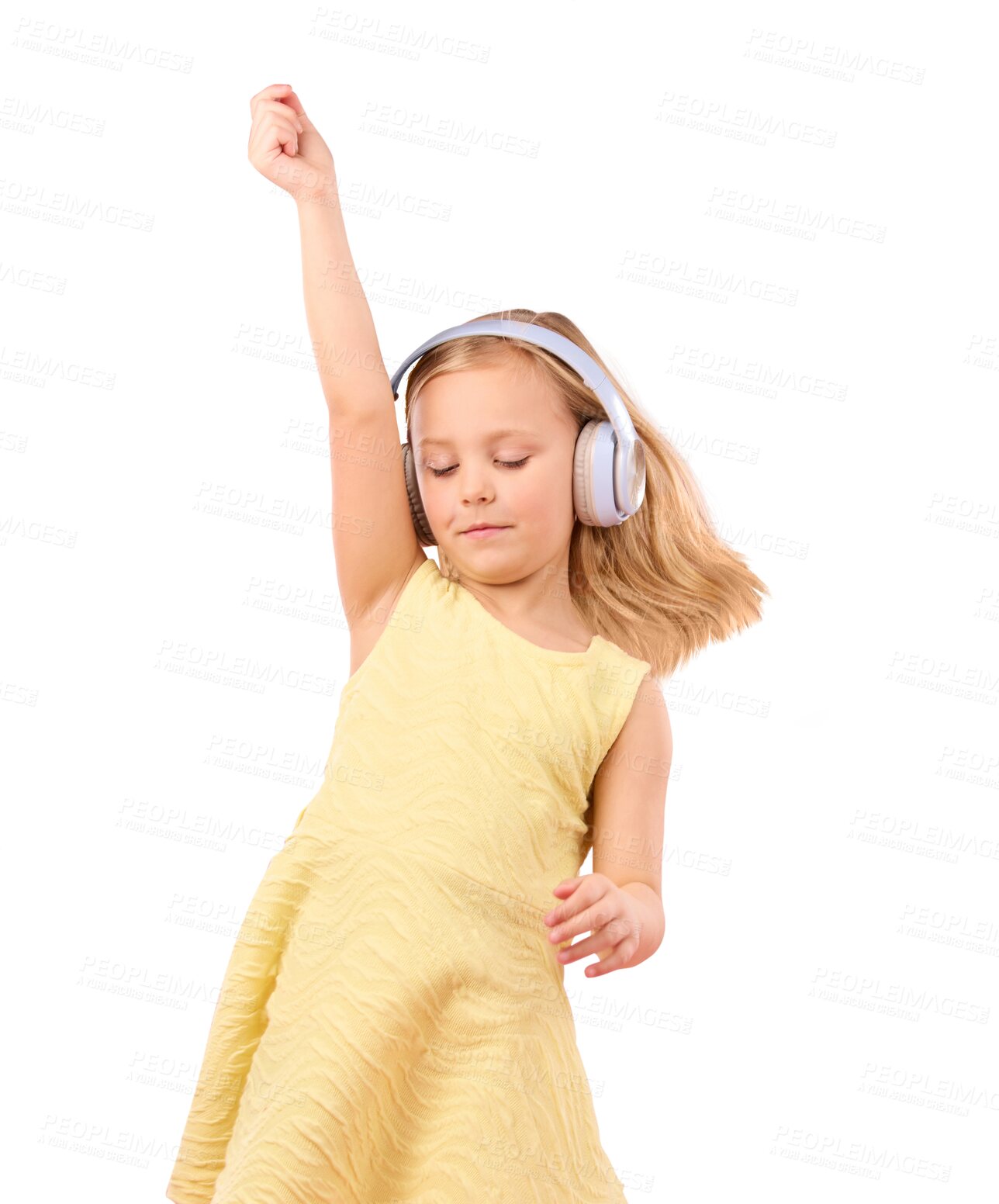 Buy stock photo Music, headphones and girl child dance isolated on a transparent png background. Kid listening to radio, moving with energy to sound and hearing audio for celebration, freedom and streaming media