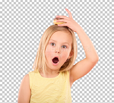 Child, donut and wow face portrait in studio with hand on head on a pink background. Girl kid model with sweet snack, surprise and shocked or comic expression isolated on creative color and space