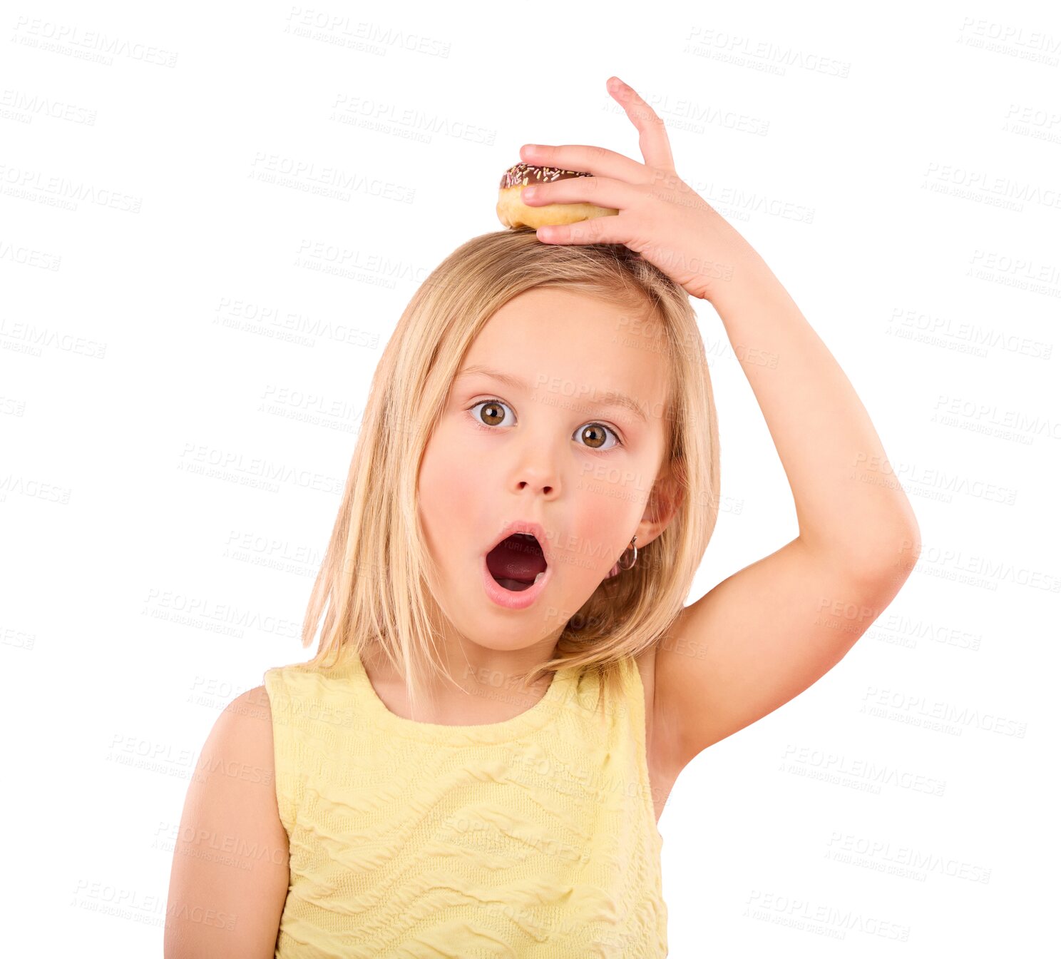 Buy stock photo Surprise, donut on head and portrait of child with wow face on isolated, png and transparent background. Shock, omg and girl with sweet treats, dessert and cake for sugar rush, snack and luxury