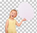 Speech bubble, smile and portrait of child on pink background for news, announcement and opinion. Speaking, talking mockup and happy girl with empty poster, banner and billboard space in studio