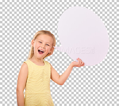 Speech bubble, smile and portrait of child on pink background for news, announcement and opinion. Speaking, talking mockup and happy girl with empty poster, banner and billboard space in studio