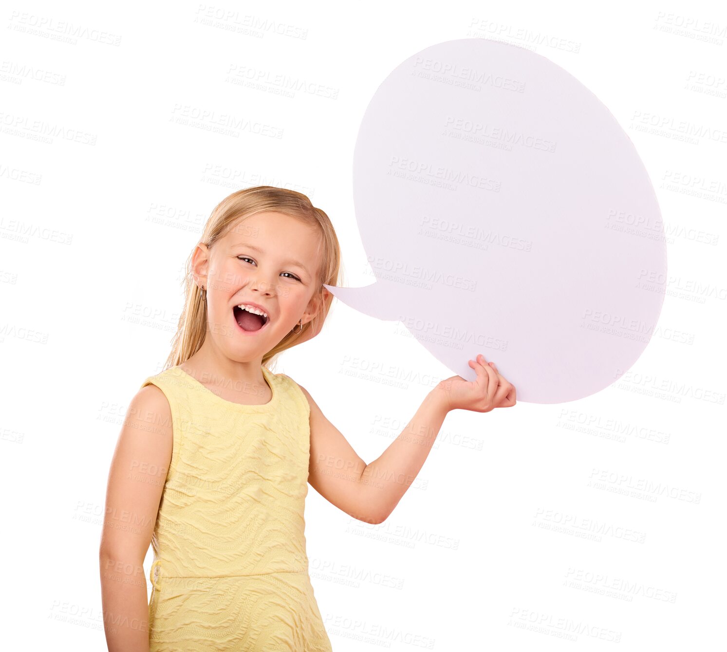 Buy stock photo Speech bubble, mockup and social media, girl kid with quote and smile or surprise with youth. Wow for feedback, communication and voice, opinion in portrait isolated on png transparent background
