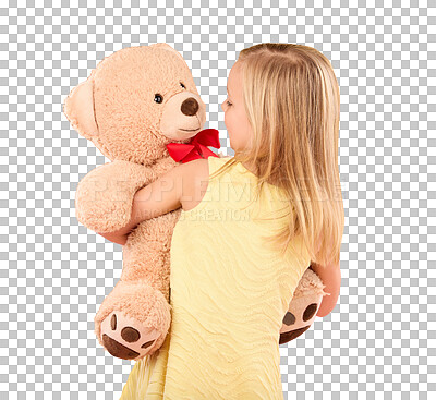 Teddy bear, happy and back of a child in studio with a big, fluffy and cute toy as gift or present. Adorable, innocent and young girl kid hugging her teddy with care and happiness by pink background.