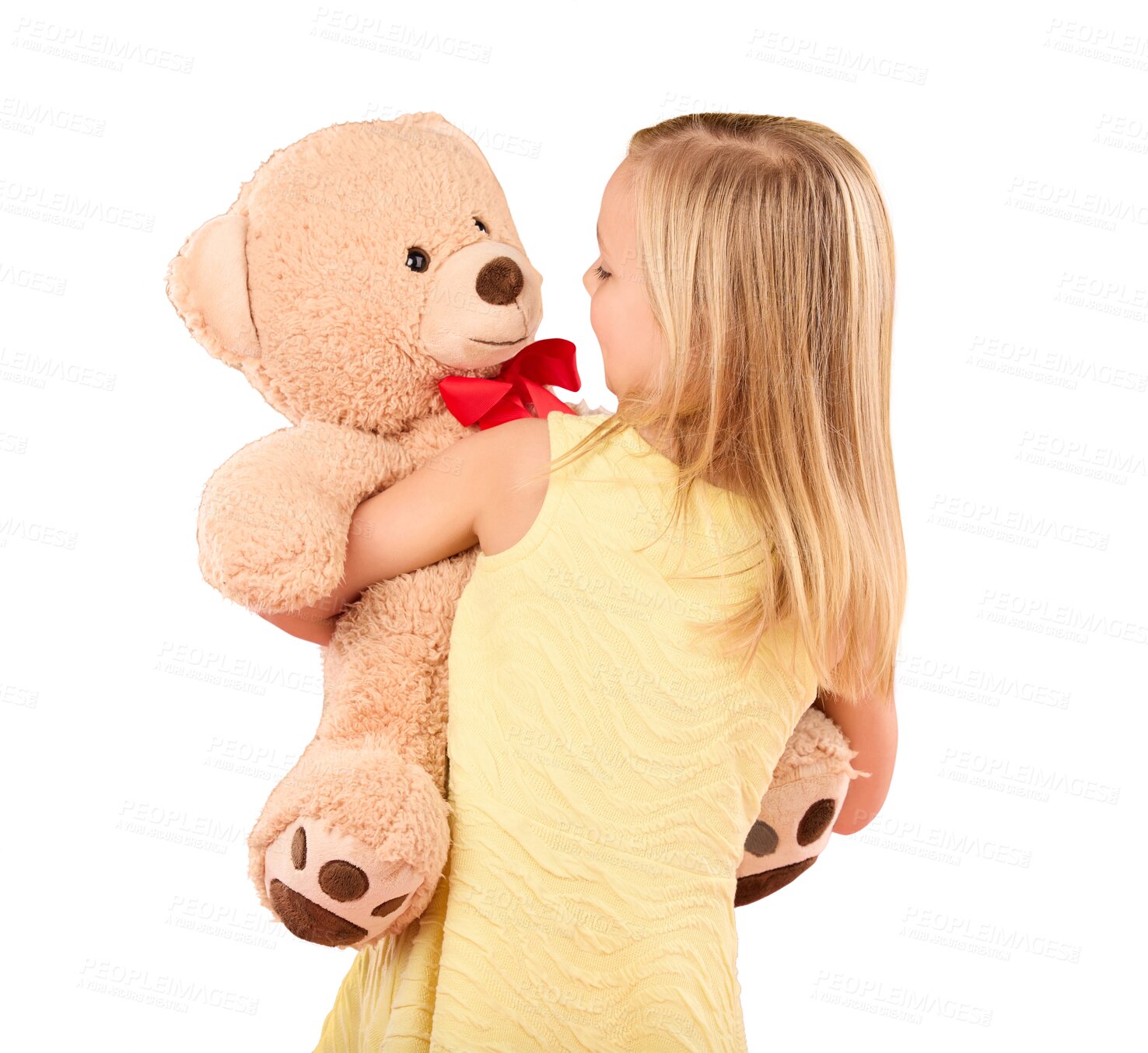 Buy stock photo Girl kid with teddy bear, portrait and soft toys with back view isolated on png transparent background. Young kid playing, hug stuffed animal and security with friendship, youth and childhood