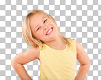 Smile, cute and portrait of a posing child isolated on a pink background in a studio. Happy, adorable and an excited young girl with happiness, smiling and excitement with a pose on a backdrop