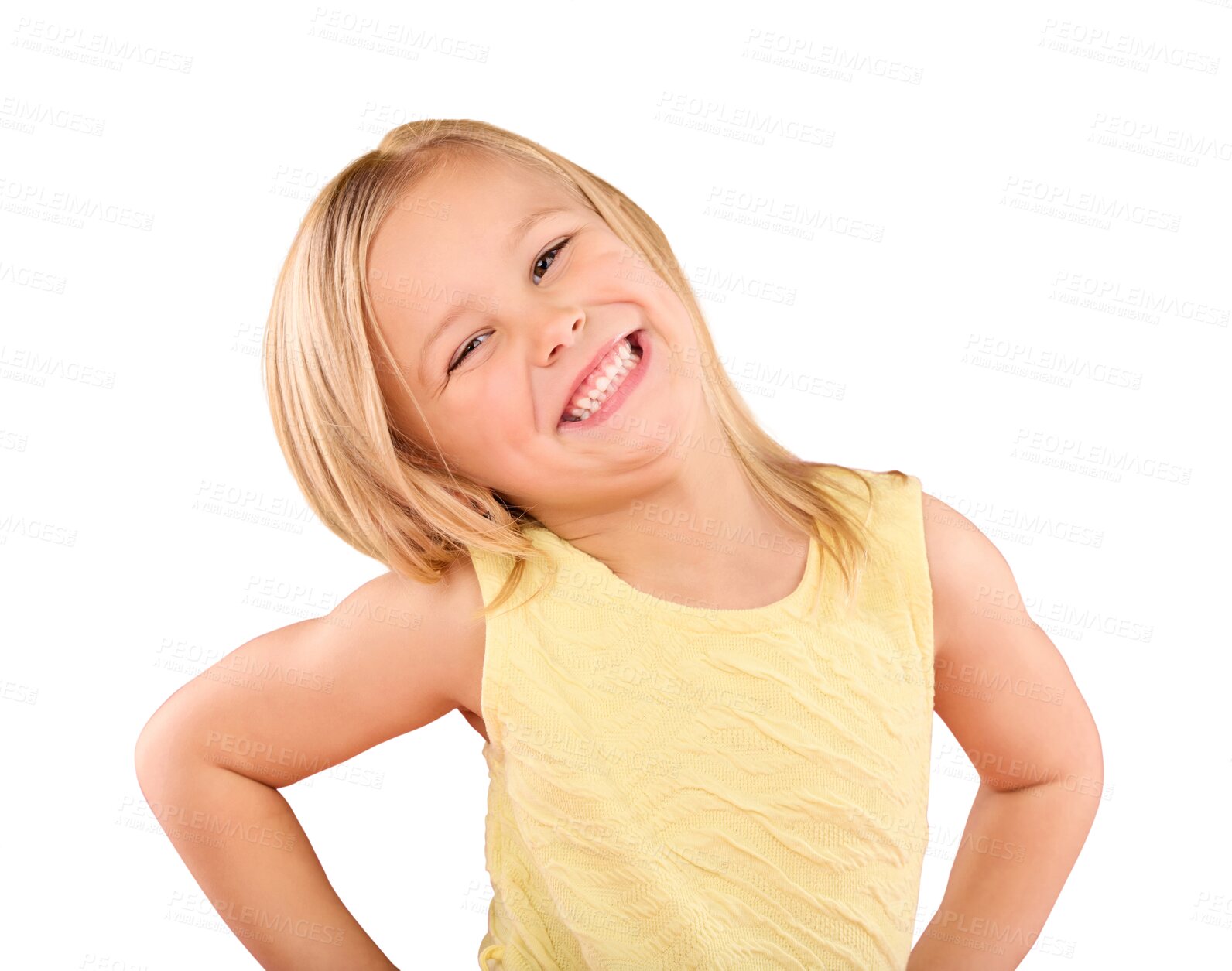Buy stock photo Smile, happy and portrait of cute child isolated on a transparent and png background with joy. Happiness, adorable and excited young girl or kid with fashion, clothes and calm in a confident pose