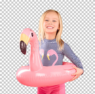 Safety, happy and portrait of girl and pool float for swimming, summer break and relax. Youth, funny and inflatable with child and flamingo ring for pool, smile and beach holiday on pink background