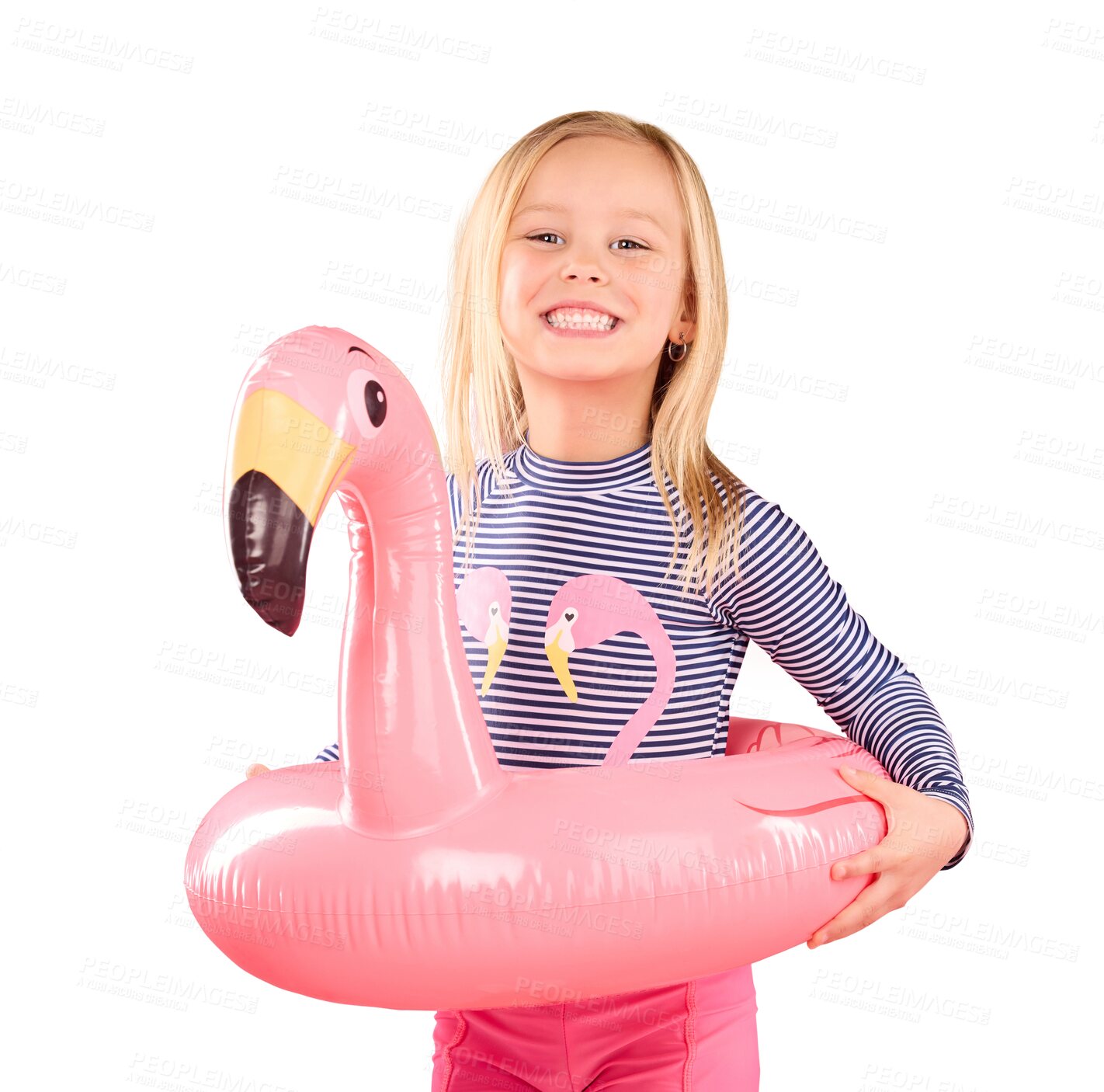 Buy stock photo Girl child, portrait with float and swimsuit for pool, summer fun with smile isolated on transparent png background. Holiday, bathing suit and swimming with protection, flamingo inflatable and youth