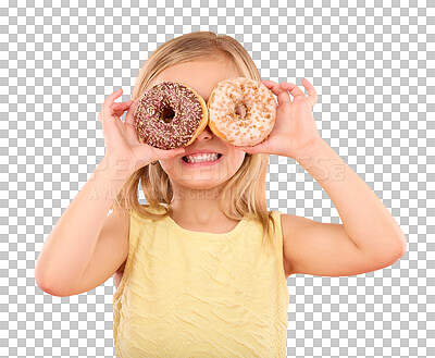 Child, donut over eyes and smile in studio with sweet snack in hands on a pink background. Girl kid model with happiness, creativity and comic face holding food in hand isolated on color and space