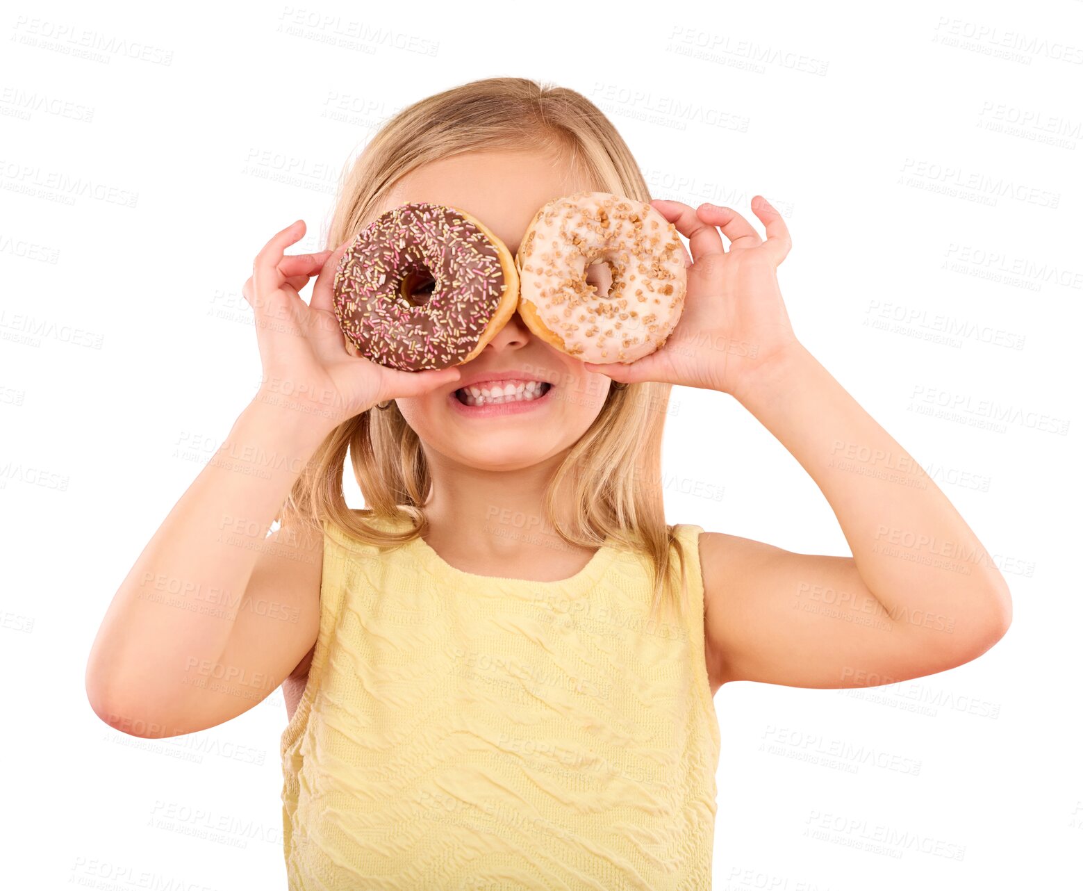 Buy stock photo Donut, smile and portrait of girl child eating sweet dessert for treat, snack or craving. Happy, cute and young kid from Australia enjoying cake with candy isolated by transparent png background.