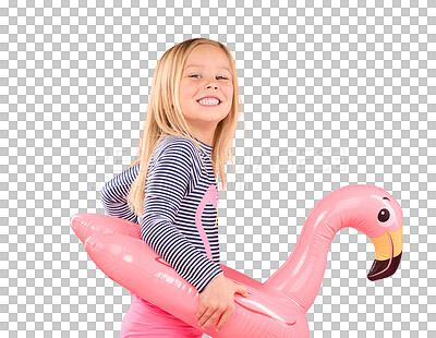 Happy, portrait and pool float with girl in studio for swimming, summer break or cute. Youth, funny and inflatable with child and flamingo ring for relax, smile or beach holiday on pink background