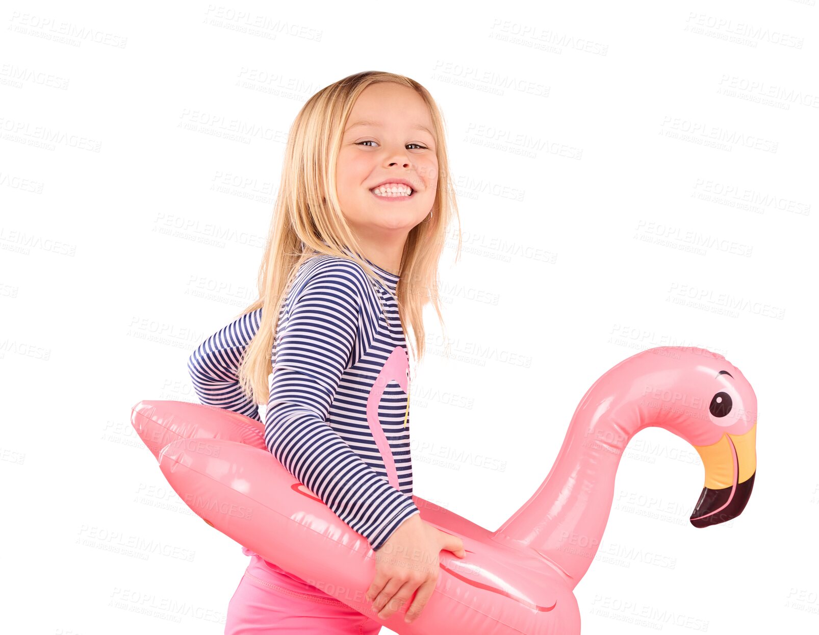 Buy stock photo Girl child, portrait with inflatable and swimsuit, summer fun with smile isolated on transparent png background. Holiday, bathing suit and swimming with protection, flamingo pool float and youth