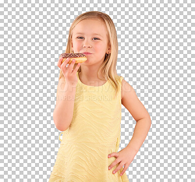 Portrait, girl child and donuts on pink background, studio and color backdrop for dessert, sweet treat and sugar. Happy young kid eating doughnut, baked snack and delicious round pastry of junk food