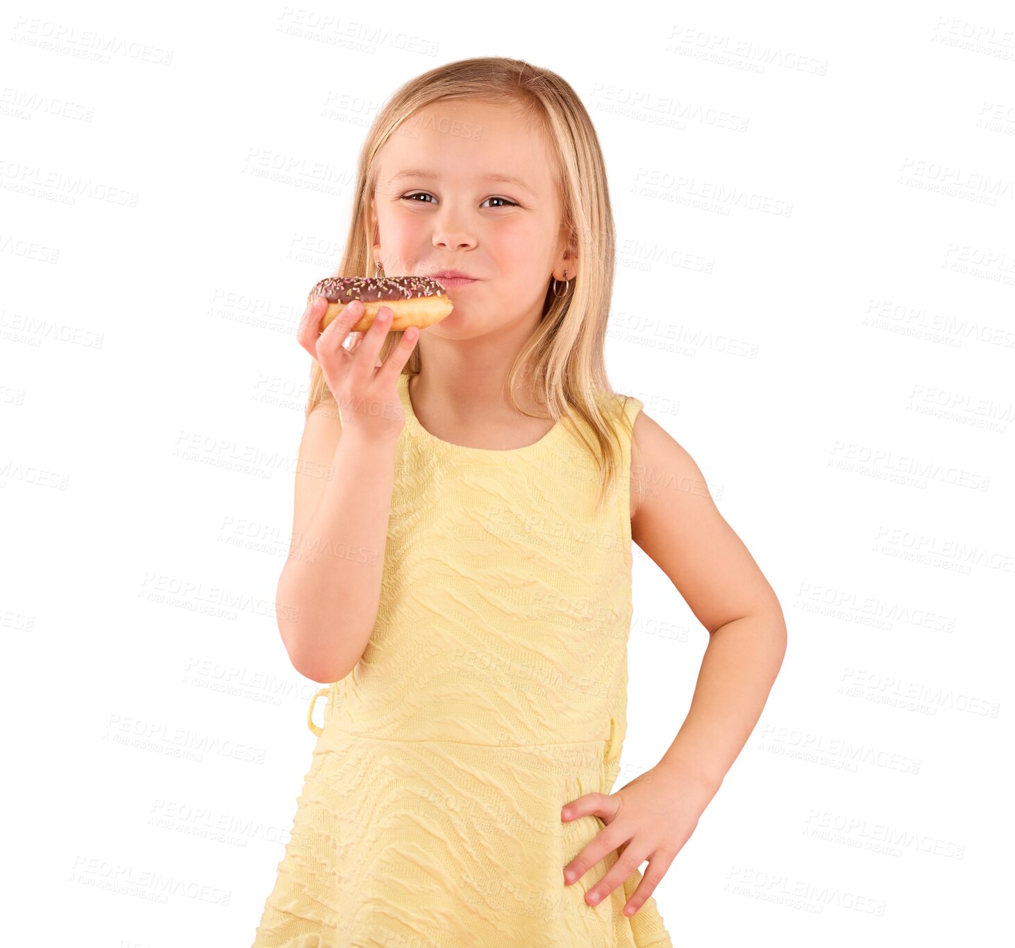 Buy stock photo Girl kid eating donut, sweets and cake in portrait with smile, childhood and bakery snack isolated on png transparent background. Young child, junk food and happiness, sugar and luxury with pastry