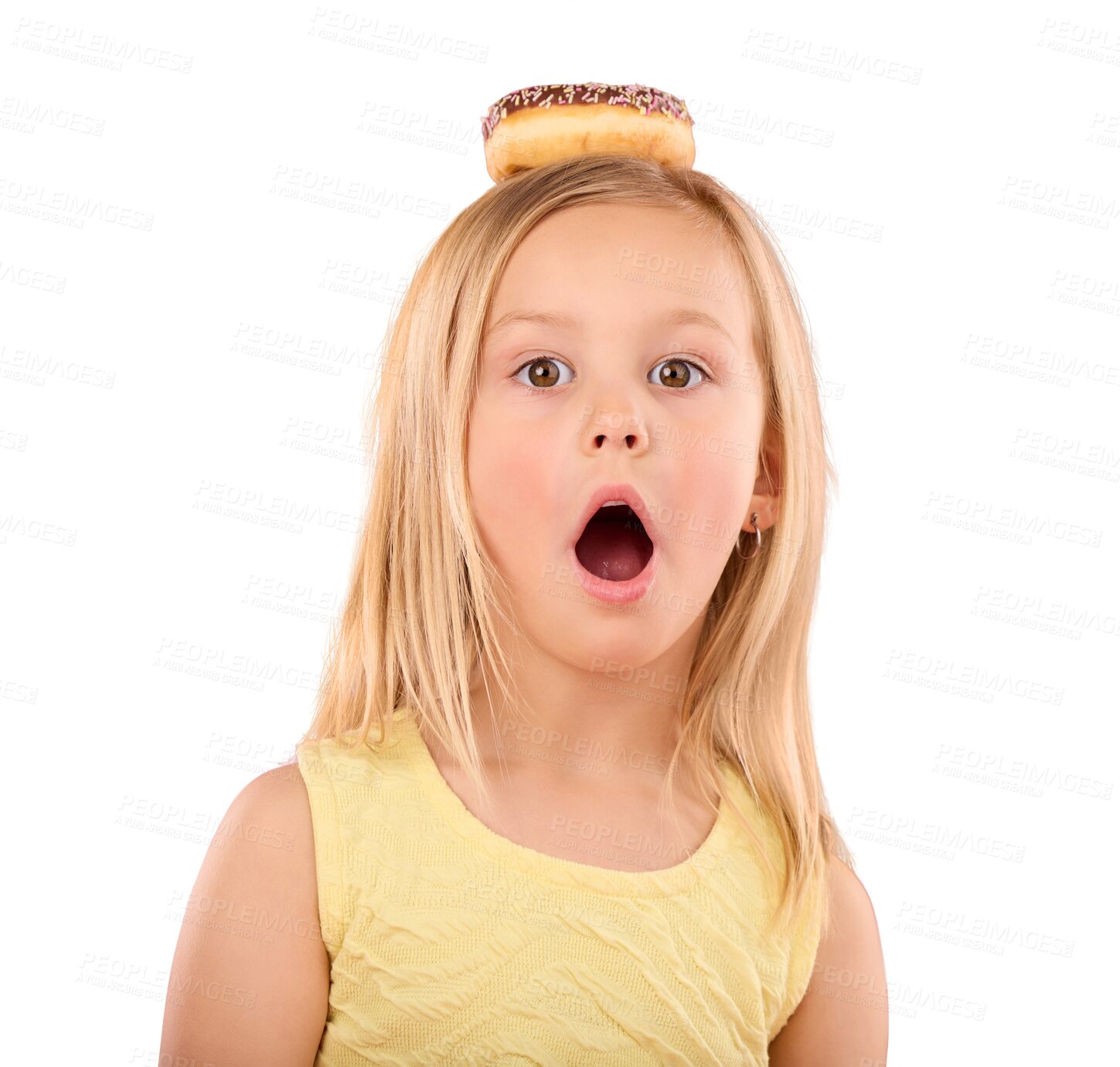 Buy stock photo Surprise, donut on head and portrait of girl with wow face on isolated, png and transparent background. Shock, omg and child with sweet treats, dessert and cake for sugar rush, snack and luxury