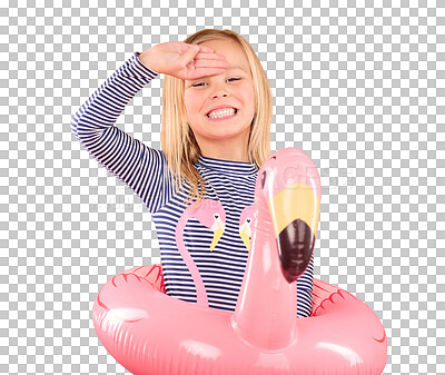 Buy stock photo Girl child in portrait with flamingo inflatable, swimwear and summer fun with salute isolated on transparent png background. Holiday, bathing suit and swimming with protection, happy with pool float