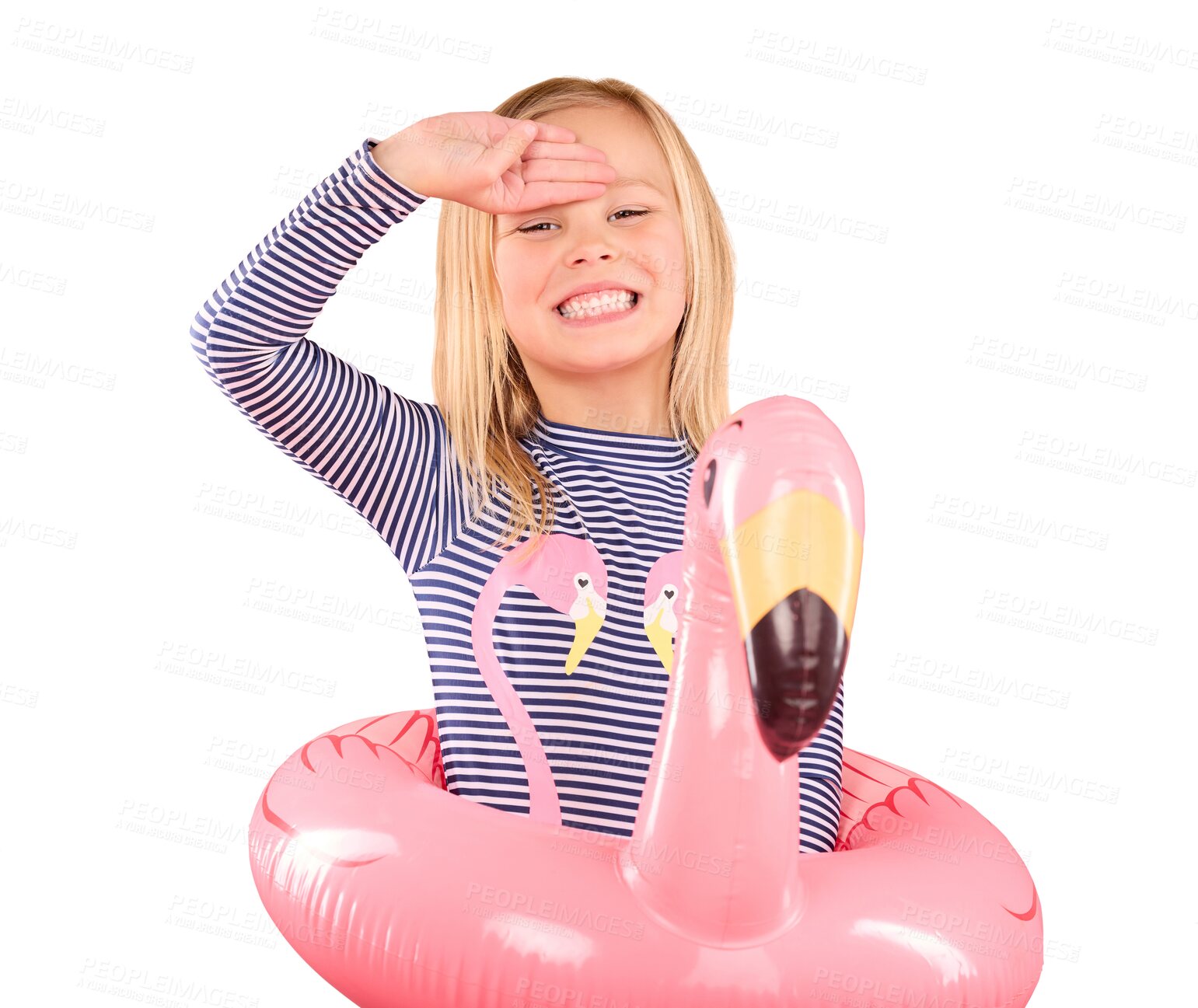 Buy stock photo Girl child in portrait with flamingo inflatable, swimwear and summer fun with salute isolated on transparent png background. Holiday, bathing suit and swimming with protection, happy with pool float