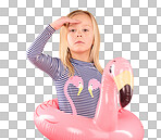 Safety, search and portrait of girl and pool float for swimming, summer break or cute. Youth, swimsuit and inflatable with child and flamingo ring for playful, beach and holiday on pink background