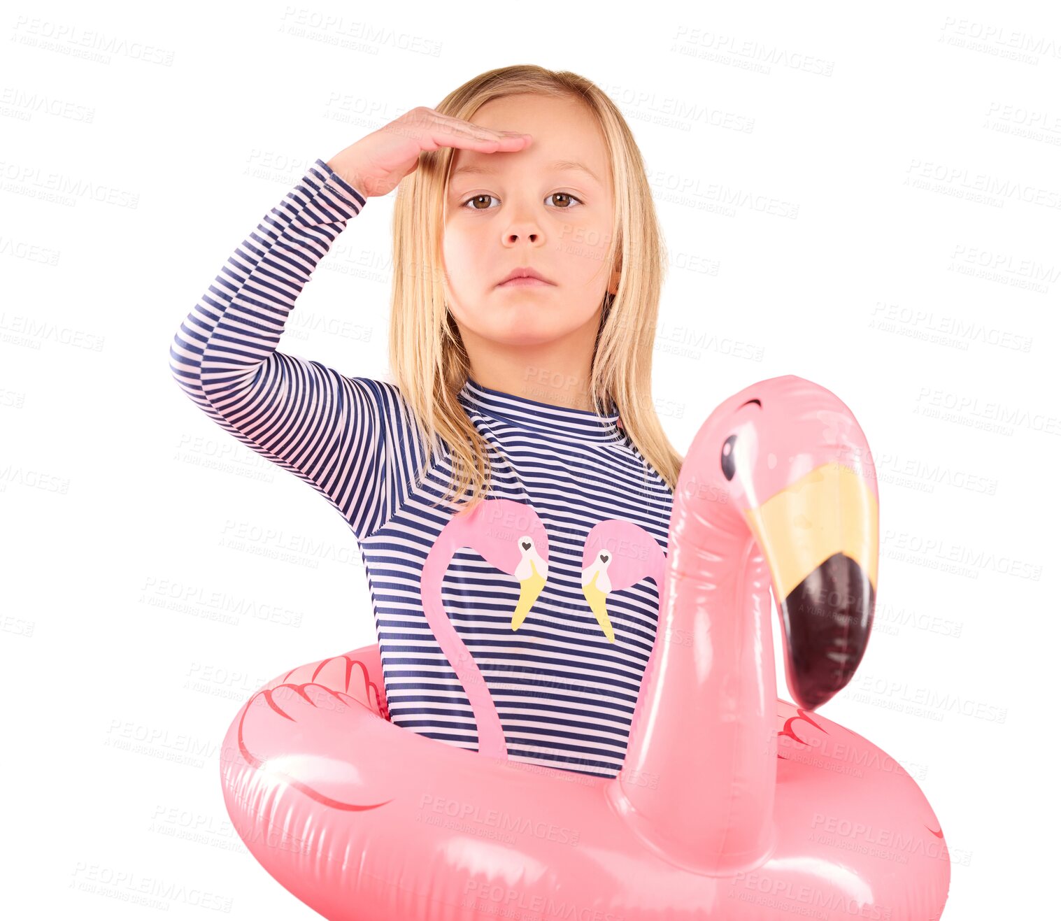 Buy stock photo Search, safety and kid in portrait with inflatable, swimwear and summer fun isolated on transparent png background. Girl on holiday, bathing suit and swimming with protection, looking with pool float