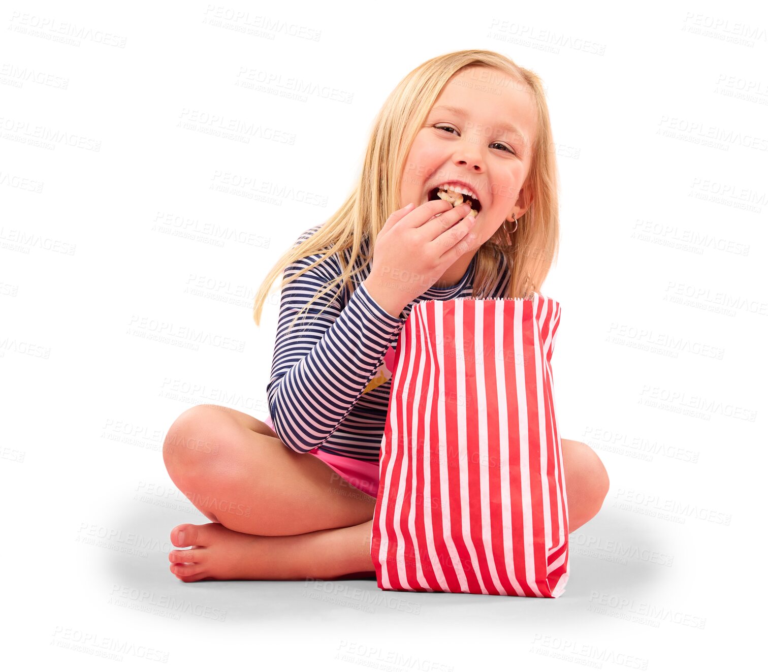 Buy stock photo Girl kid is eating popcorn, happy with food or cinema snack, movie and relax with paper bag isolated on png transparent background. Youth, entertainment and corn, hungry and streaming with smile