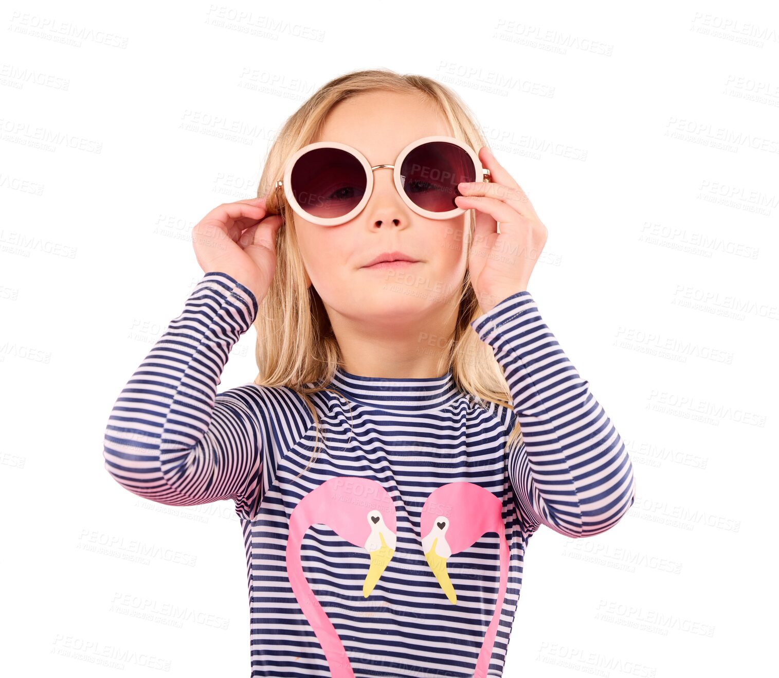 Buy stock photo Sunglasses, girl child and swimwear with summer fashion, youth on vacation isolated on png transparent background. Bathing suit, eye care and shades with protection from sun, kid with eyewear