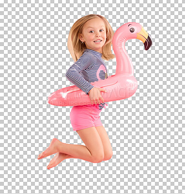 Jump, smile and portrait of girl and pool float for swimming, summer break or happiness. Youth, funny and inflatable with child and flamingo ring for cute, happy or beach holiday on pink background
