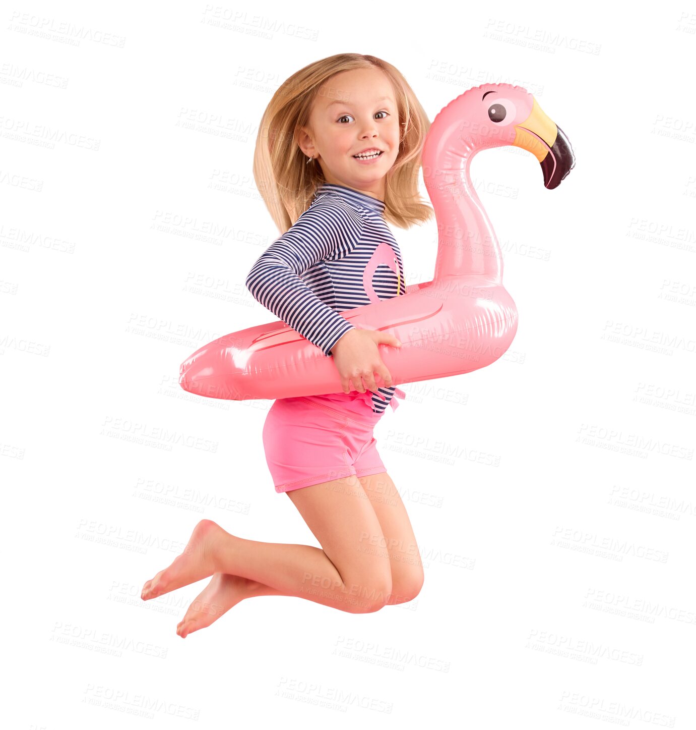 Buy stock photo Child jump in portrait with inflatable, swimwear and girl has summer fun isolated on transparent png background. Holiday, bathing suit and swimming with protection, flamingo pool float and energy