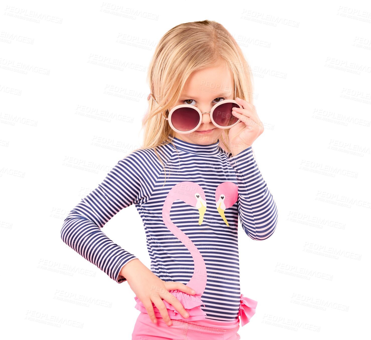 Buy stock photo Sunglasses, vacation and portrait of child in travel fashion isolated in a transparent or png background. Fun, clothes and kid or girl ready for summer, holiday and style for children in Australia