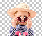 Vacation, portrait of child in studio with sunglasses and fun clothes and hat isolated on pink background. Summer, holiday and fashion, happy girl in Australia excited for travel with smile on face.