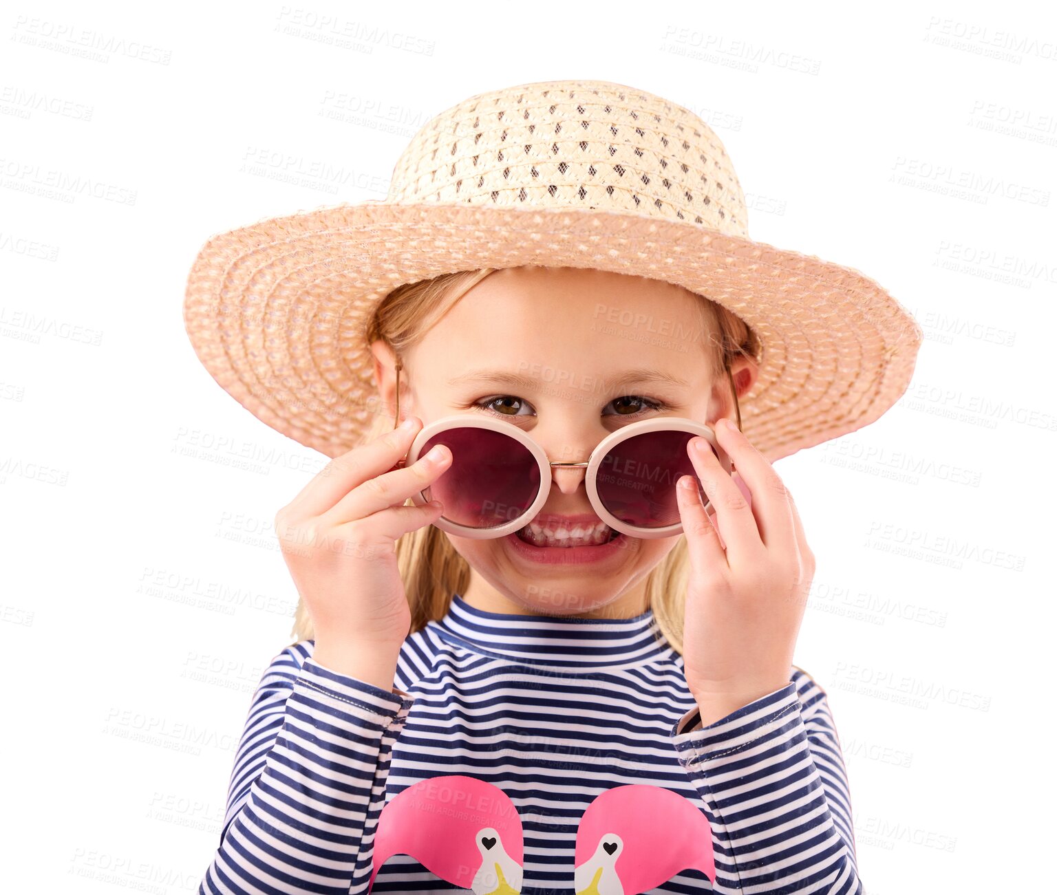 Buy stock photo Sunglasses, vacation and portrait of child with smile and fashion isolated in transparent or png background. Travel, face and kid or girl ready for summer, holiday and style for children in Australia