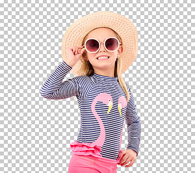 Vacation, portrait of happy child with sunglasses and hat in studio with fun clothes isolated on pink background. Summer, holiday and fashion, girl in Australia excited for travel with smile on face.
