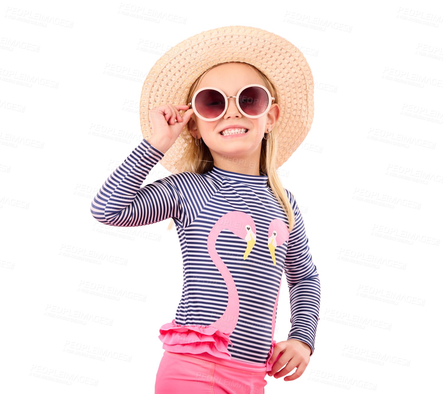 Buy stock photo Sunglasses, girl kid and swimwear with fashion for summer, youth on vacation in hat isolated on png transparent background. Bathing suit, eye care and shades with protection and child with eyewear