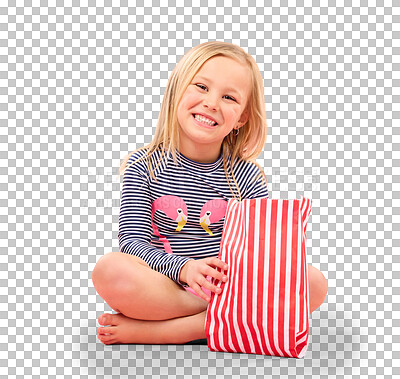 Popcorn, food and happy girl portrait in a studio with pink background sitting with movie snacks. Snack, happiness and hungry child with a paper bag and chips eating and feeling relax with a smile