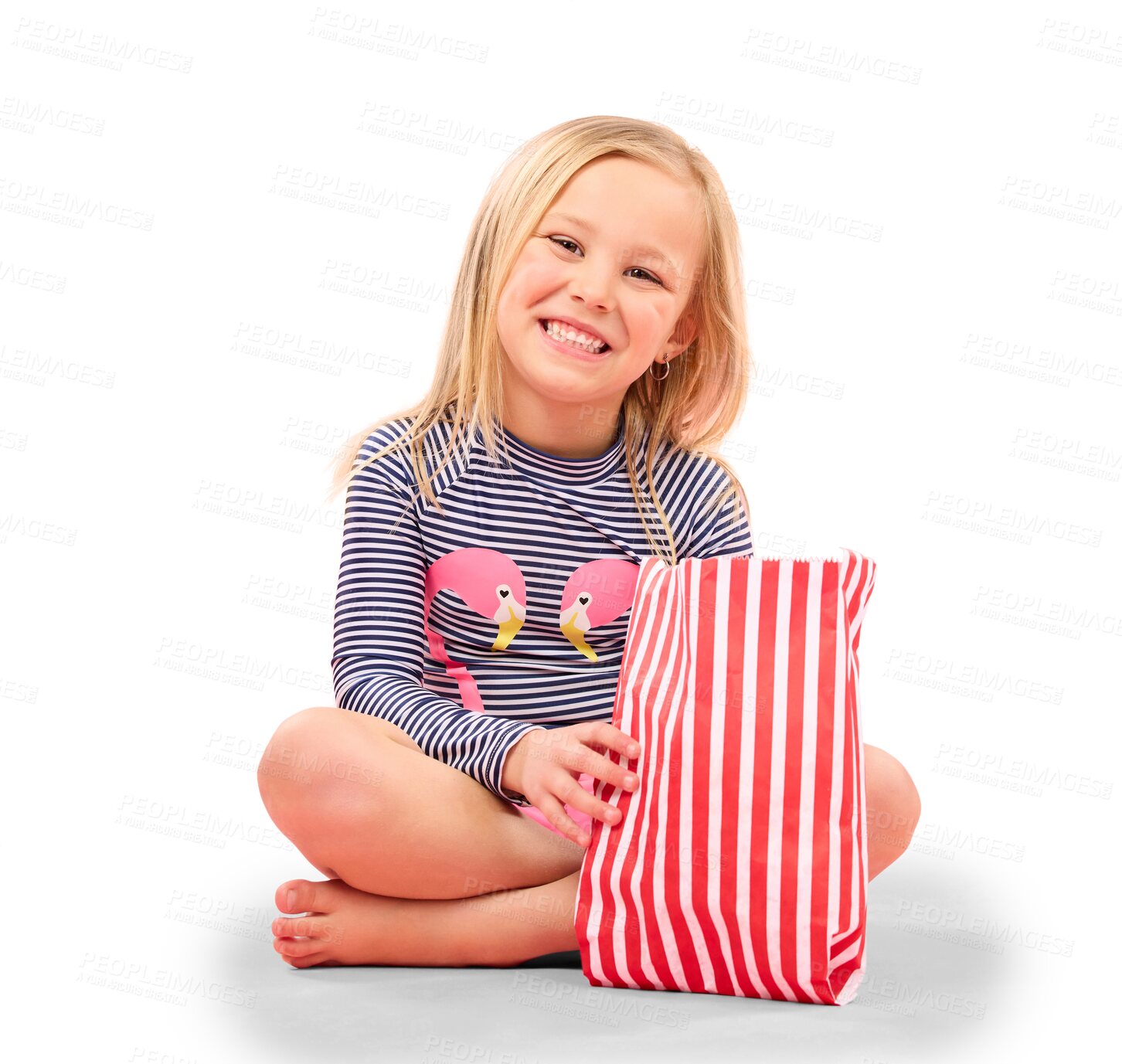 Buy stock photo Popcorn, food and happy girl portrait ready for film sitting with movie snack. Excited, kid and hungry child with a paper bag and chips for eating with smile isolated on a transparent, png background
