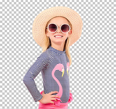 Vacation, portrait of child with sunglasses and hat in studio with fun clothes isolated on pink background. Summer, holiday and fashion, happy girl in Australia excited for travel with smile on face.