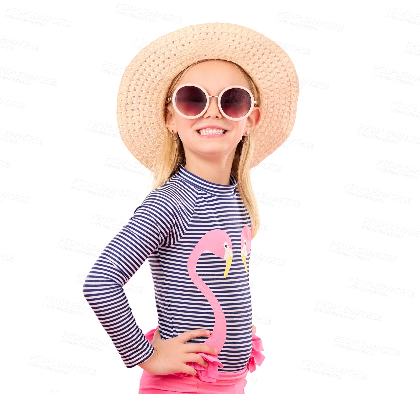 Buy stock photo Girl child in swimsuit, portrait and sunglasses for summer by the pool isolated on png transparent background. Youth, happiness with hat and bathing suit, holiday fashion with shades or eyewear