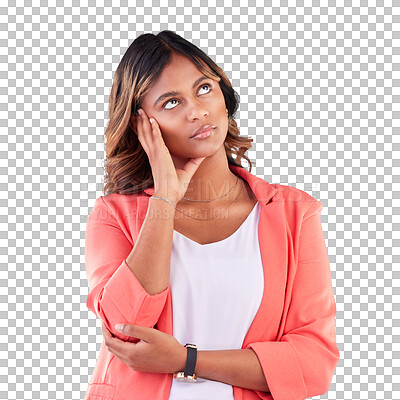 Thinking, tired and doubt with face of woman in studio for tired, confused and brain fog. Mental health, burnout and anxiety with person on blue background for frustrated, idea and problem mockup