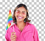 Woman, lgbtq and rainbow flag in studio portrait, sunglasses and sign for pride with human rights by blue background. Gen z girl, young lesbian student and happy with solidarity, freedom or inclusion