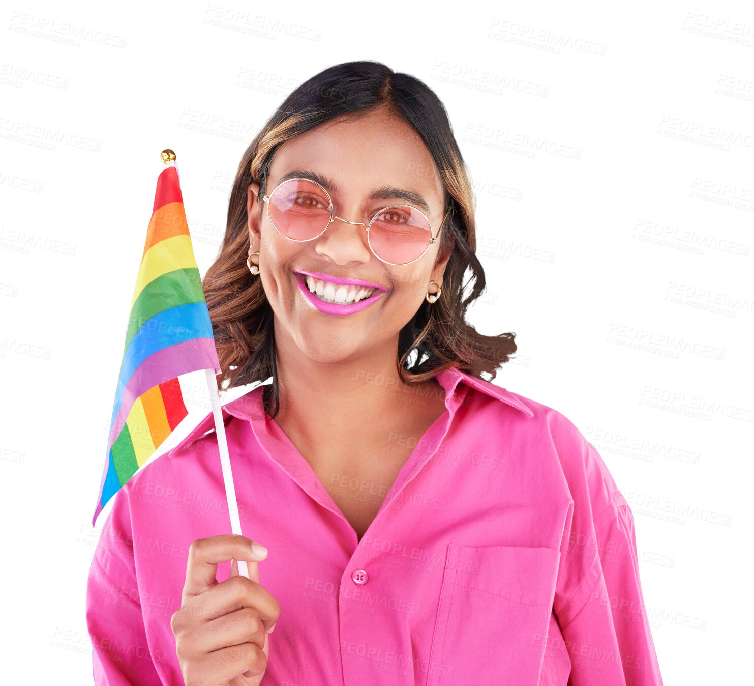 Buy stock photo Lgbtq, rainbow flag and portrait of woman with sunglasses on isolated, png and transparent background. Fashion, happy and girl with pride inclusion for queer, gay and lesbian community for solidarity