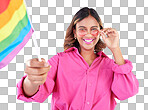 Woman, lgbtq and pride flag in studio portrait, sunglasses or icon with smile for human rights by blue background. Gen z girl, young lesbian student and wave sign for solidarity, freedom or inclusion