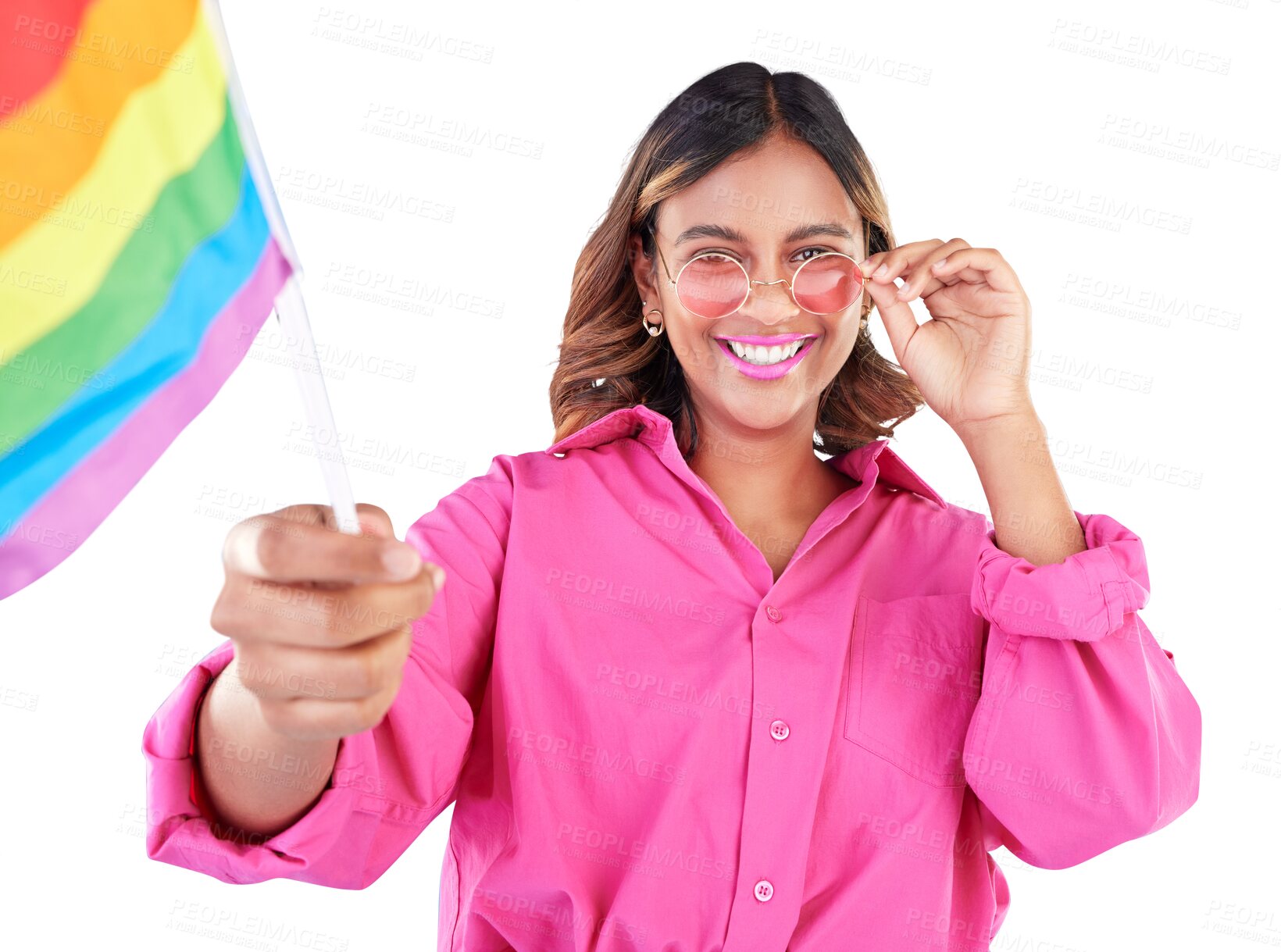 Buy stock photo Happy woman, lesbian and LGBT pride flag in fashion, sunglasses or style isolated on a transparent PNG background. Female person or activist with rainbow color sign waving in support for LGBTQ rights