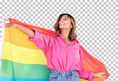 Buy stock photo Rainbow, lgbtq and woman with flag for pride on isolated, png and transparent background. Fashion, happy and person with symbol for queer, gay and lesbian community for solidarity, inclusion and love