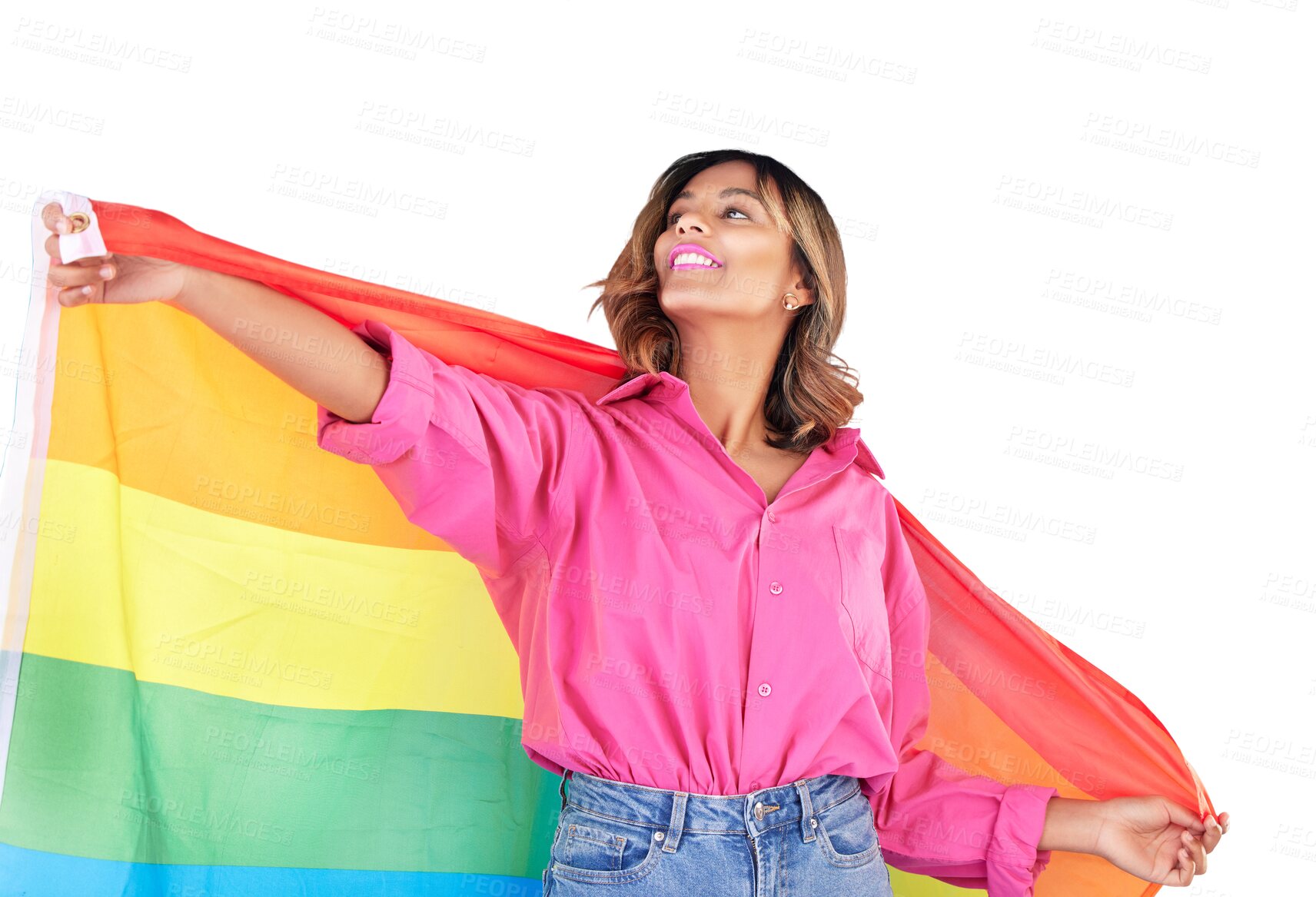 Buy stock photo Rainbow, lgbtq and woman with flag for pride on isolated, png and transparent background. Fashion, happy and person with symbol for queer, gay and lesbian community for solidarity, inclusion and love