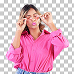 Fashion sunglasses, makeup and woman in studio isolated on a blue background. Cosmetics, glasses and Indian model with lipstick, style and casual summer clothes for aesthetic, gen z and eyes closed