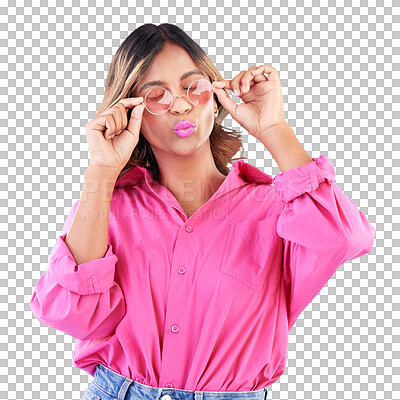 Fashion sunglasses, makeup and woman in studio isolated on a blue background. Cosmetics, glasses and Indian model with lipstick, style and casual summer clothes for aesthetic, gen z and eyes closed