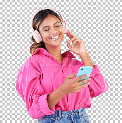 Phone, music and headphones with a woman in studio on a blue background, listening to the radio. Mobile, smile and a happy young female person streaming audio to relax for wellness or freedom