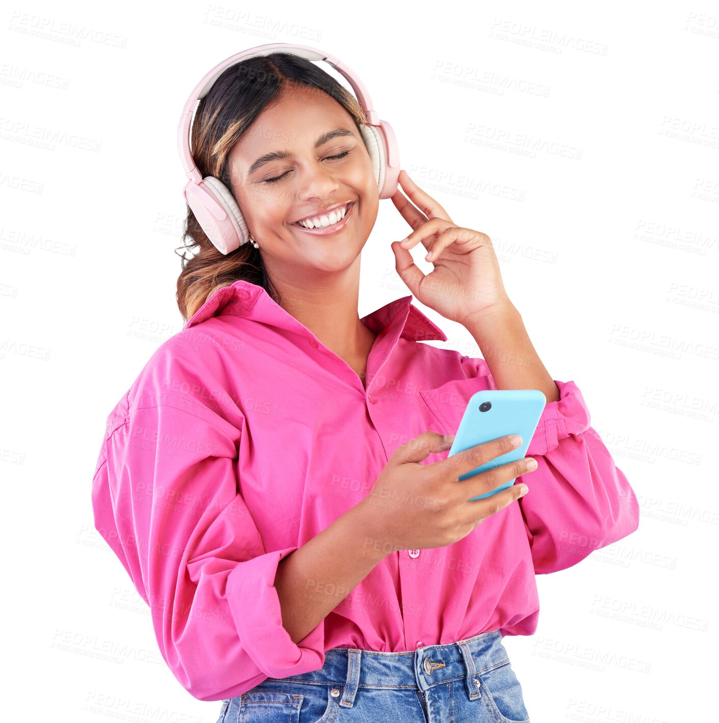 Buy stock photo Happy woman, headphones and dancing to music with phone isolated on a transparent PNG background. Female person smile or listening in audio streaming, sound track or playlist on mobile smartphone app