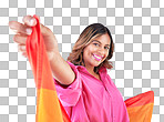 LGBTQ woman, flag and studio portrait with beauty, peace and freedom with pride for inclusion by blue background. Lesbian girl, student or model with smile for protest, icon or advocate for sexuality